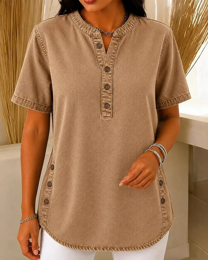 Women's Short Sleeve Henley Button Front Tunic Top