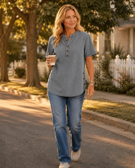 Women's Short Sleeve Henley Button Front Tunic Top