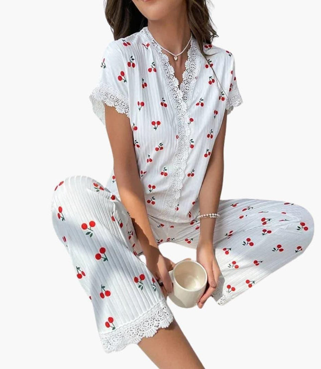 Women's Short Sleeve Pajamas in a Cherry Print with Lace Trim
