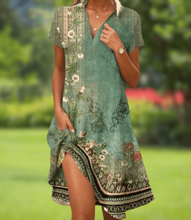 Women's Short Sleeve Shirt Dress with a V-Neckline