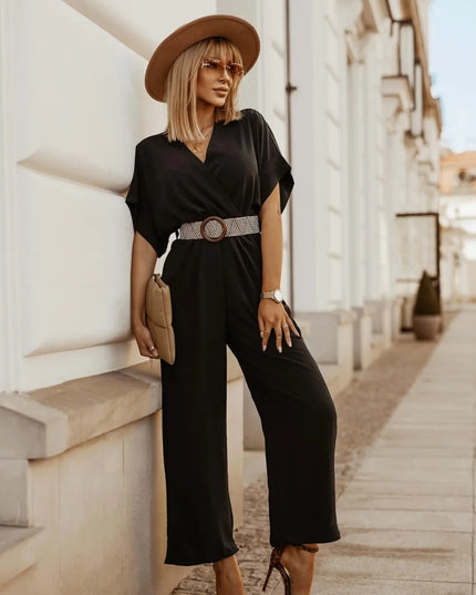 Women's Short Sleeve Wide Leg Wrap Front Jumpsuit