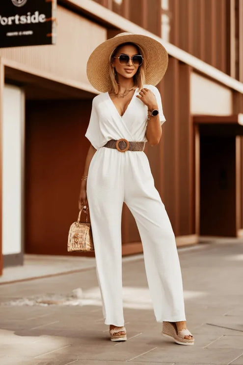 Women's Short Sleeve Wide Leg Wrap Front Jumpsuit