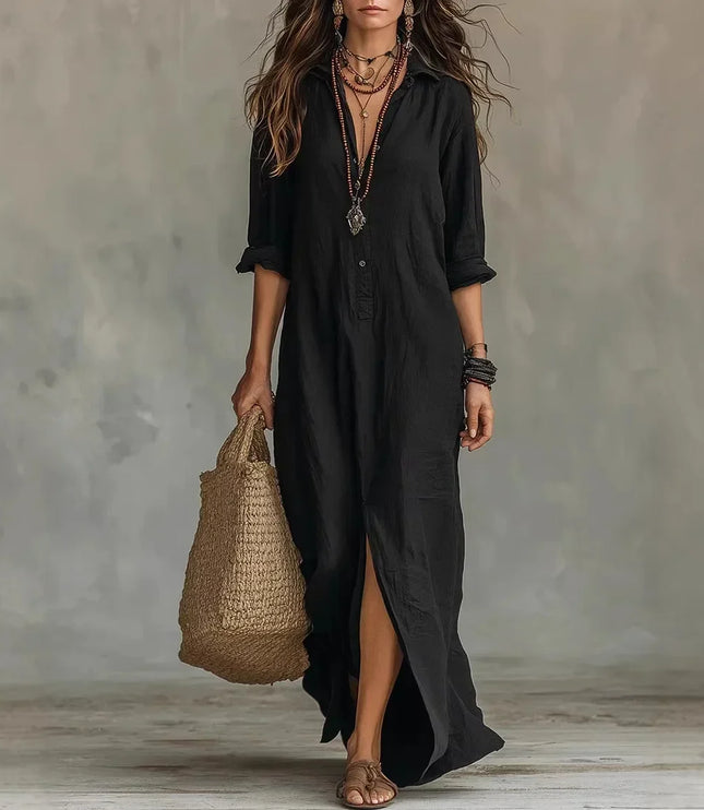 Women's Side Slit Button-Front Maxi Shirt Dress