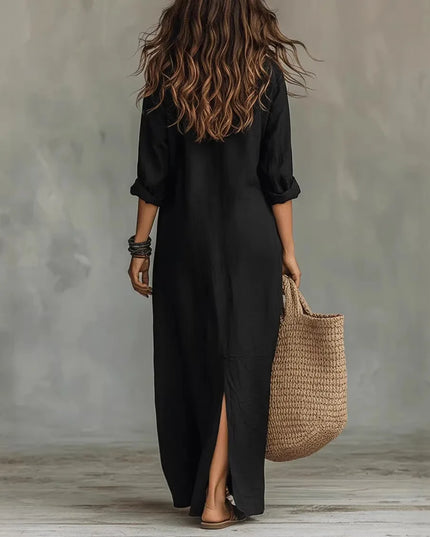 Women's Side Slit Button-Front Maxi Shirt Dress