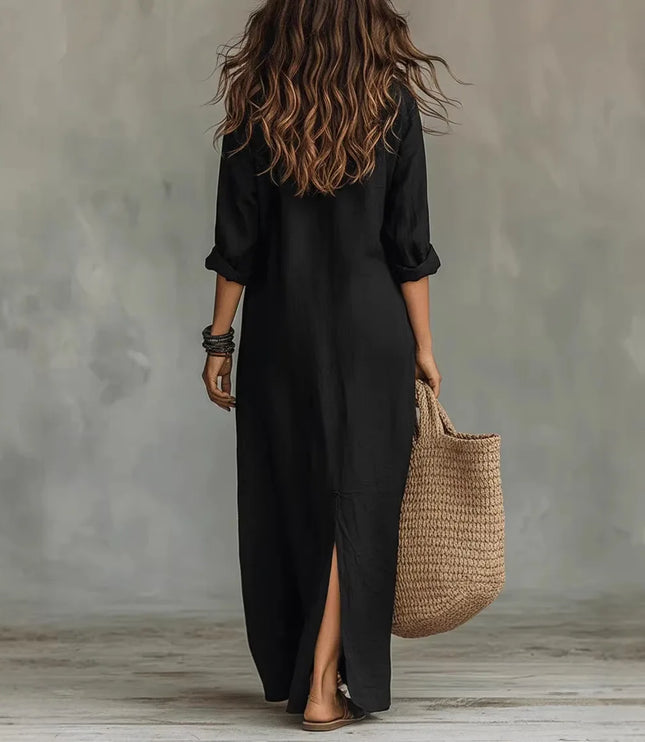 Women's Side Slit Button-Front Maxi Shirt Dress