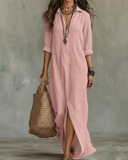 Women's Side Slit Button-Front Maxi Shirt Dress