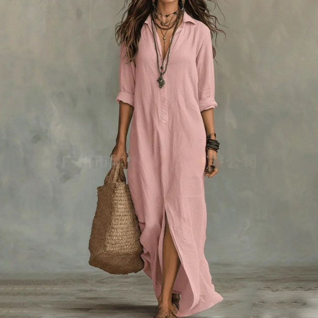 Women's Side Slit Button-Front Maxi Shirt Dress