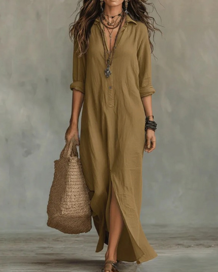 Women's Side Slit Button-Front Maxi Shirt Dress