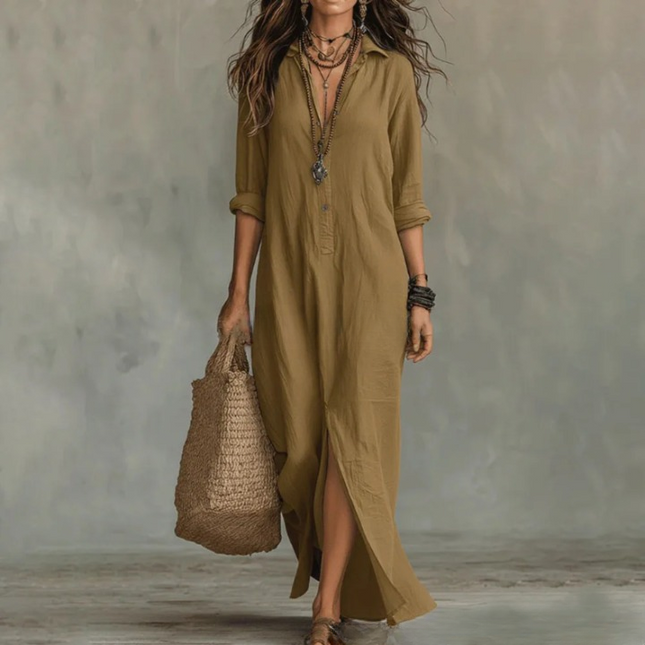 Women's Side Slit Button-Front Maxi Shirt Dress