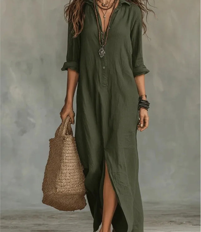 Women's Side Slit Button-Front Maxi Shirt Dress