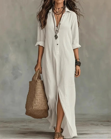 Women's Side Slit Button-Front Maxi Shirt Dress