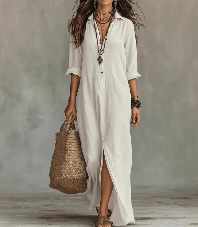 Women's Side Slit Button-Front Maxi Shirt Dress