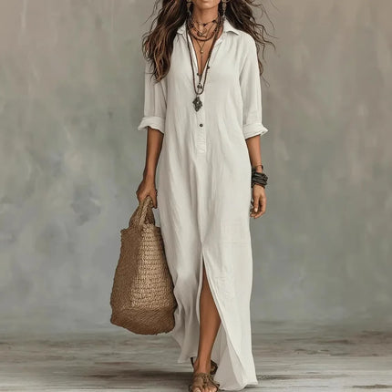 Women's Side Slit Button-Front Maxi Shirt Dress