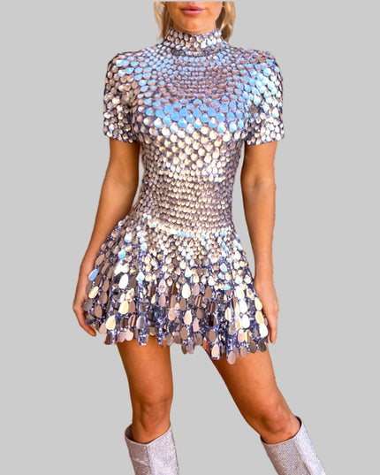 Women's Silver Disc Mini Dress with a Flared Skirt