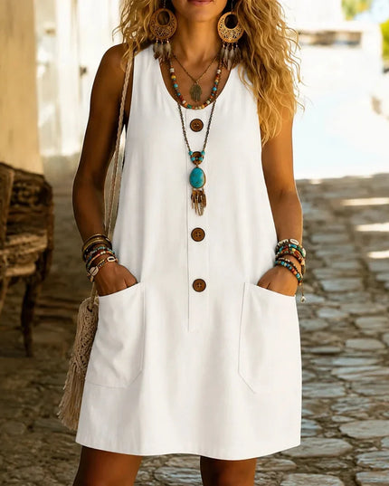 Women's Sleeveless Button Front Pocket Tank Dress