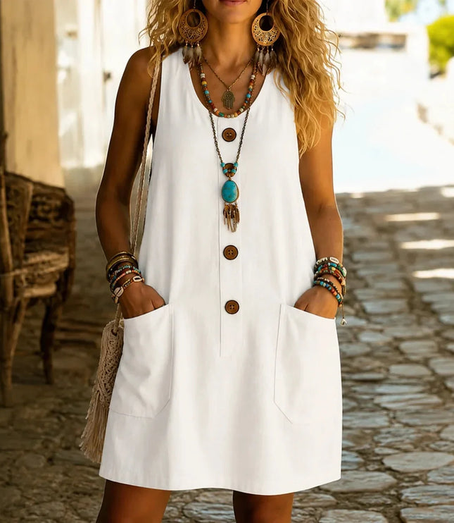 Women's Sleeveless Button Front Pocket Tank Dress