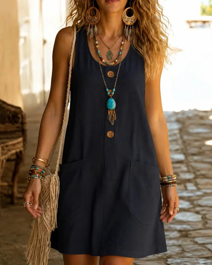 Women's Sleeveless Button Front Pocket Tank Dress