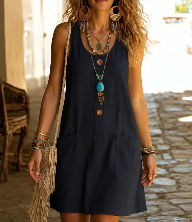 Women's Sleeveless Button Front Pocket Tank Dress