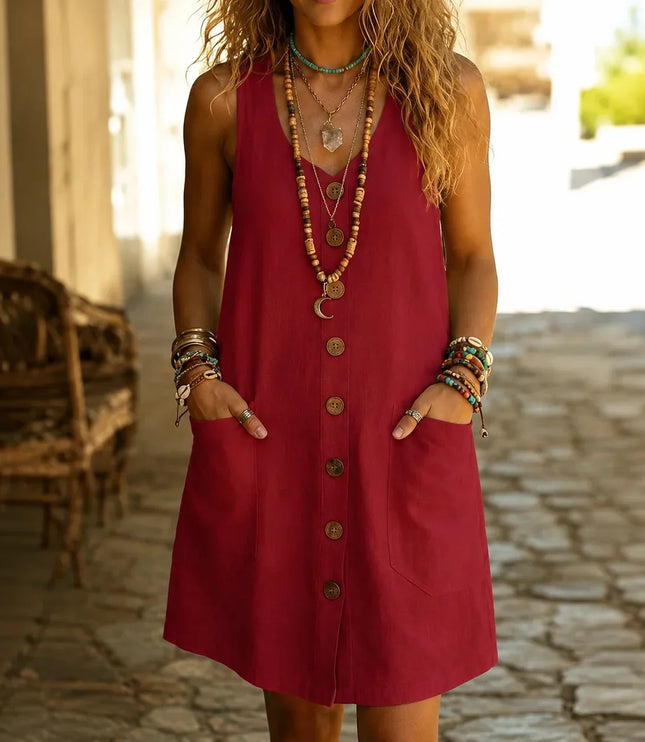 Women's Sleeveless Button Front Pocket Tank Dress
