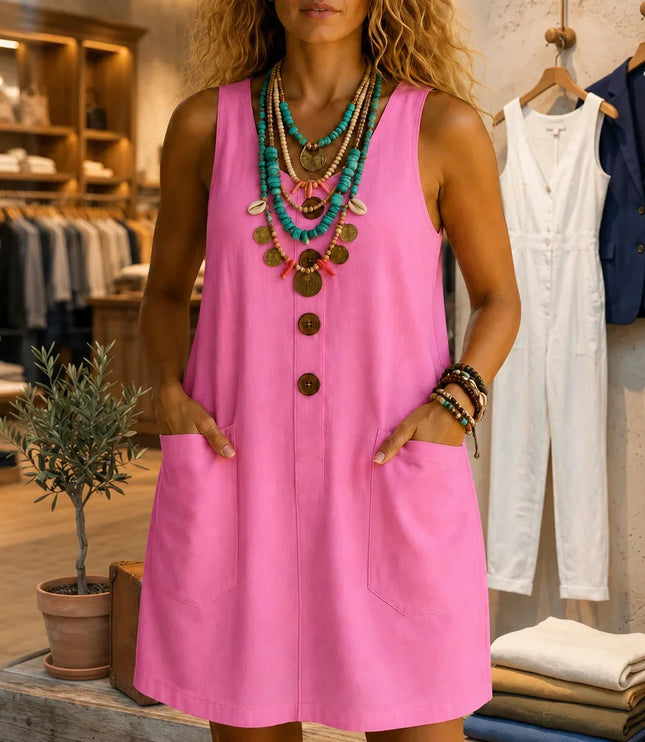 Women's Sleeveless Button Front Pocket Tank Dress