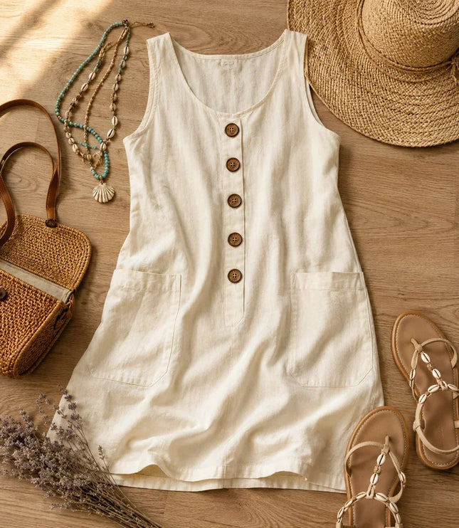 Women's Sleeveless Button Front Pocket Tank Dress