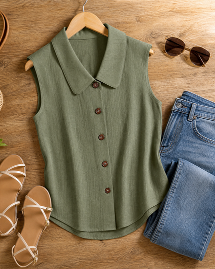Women's Sleeveless Collared Button-Up Summer Blouse