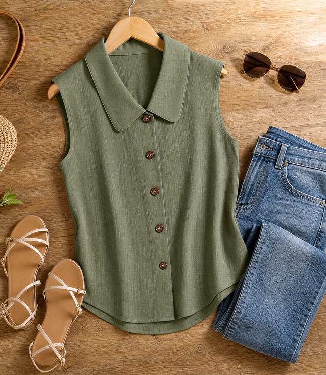 Women's Sleeveless Collared Button-Up Summer Blouse
