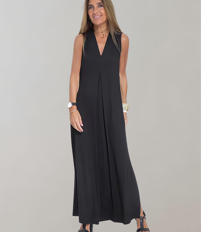 Black sleeveless maxi dress with deep V-neck and flowing skirt, women's summer dress