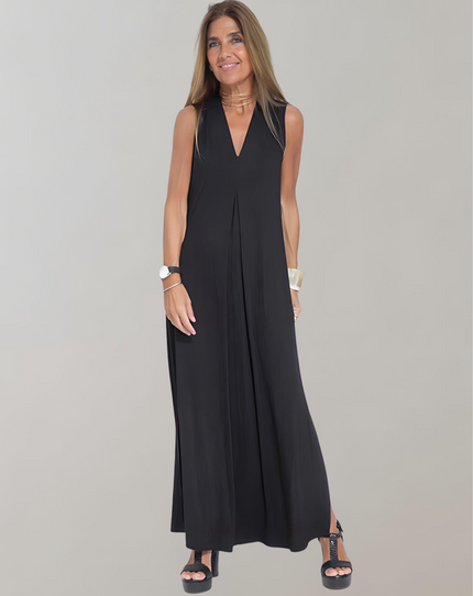 Black sleeveless maxi dress with deep V-neck and flowing skirt, women's summer dress