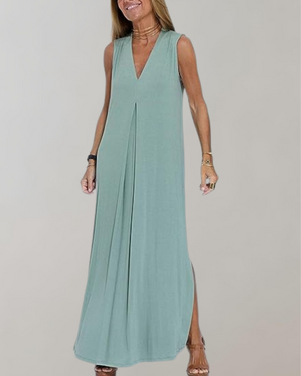 Mint green sleeveless maxi dress with deep V-neck, side slit, and relaxed fit, summer dress