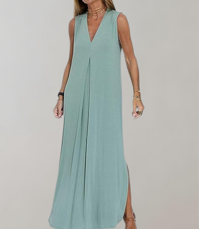 Mint green sleeveless maxi dress with deep V-neck, side slit, and relaxed fit, summer dress