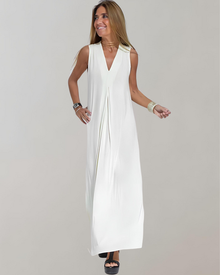 White sleeveless maxi dress with deep V-neck and front pleat detail, summer dress