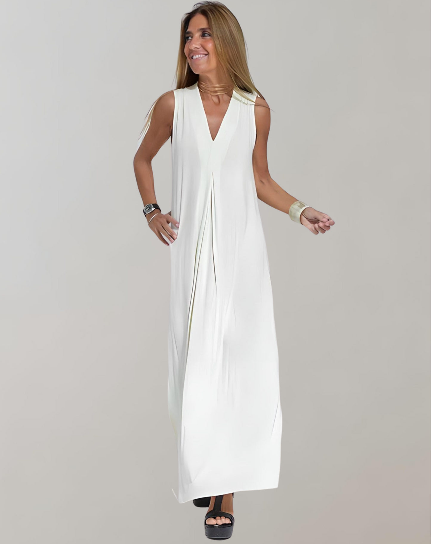 White sleeveless maxi dress with deep V-neck and front pleat detail, summer dress