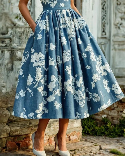 Women's Sleeveless Floral Print Swing Midi Dress