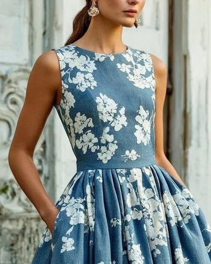Women's Sleeveless Floral Print Swing Midi Dress