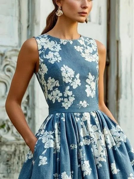 Women's Sleeveless Floral Print Swing Midi Dress