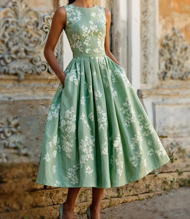 Women's Sleeveless Floral Print Swing Midi Dress