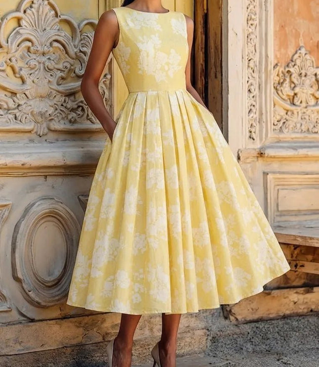 Women's Sleeveless Floral Print Swing Midi Dress