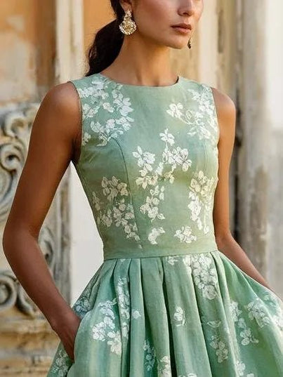 Women's Sleeveless Floral Print Swing Midi Dress