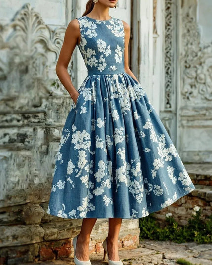 Women's Sleeveless Floral Print Swing Midi Dress