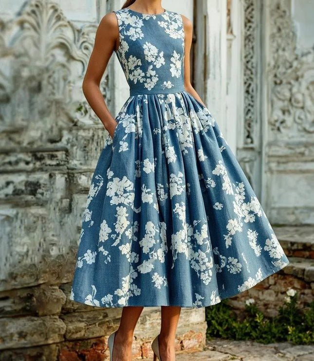 Women's Sleeveless Floral Print Swing Midi Dress