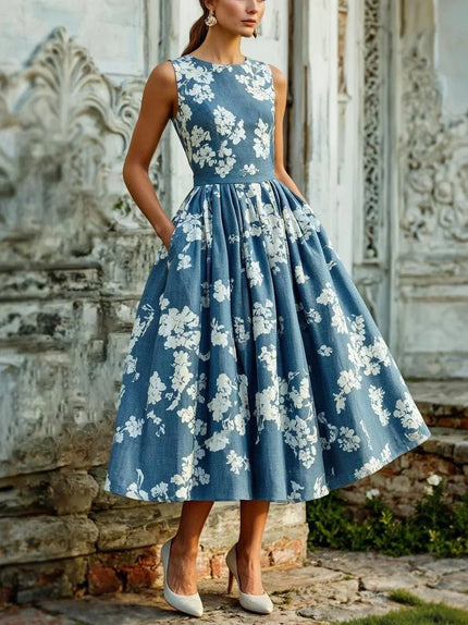 Women's Sleeveless Floral Print Swing Midi Dress