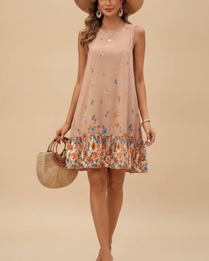Women's Sleeveless Floral Ruffle Hem Mini Summer Dress
