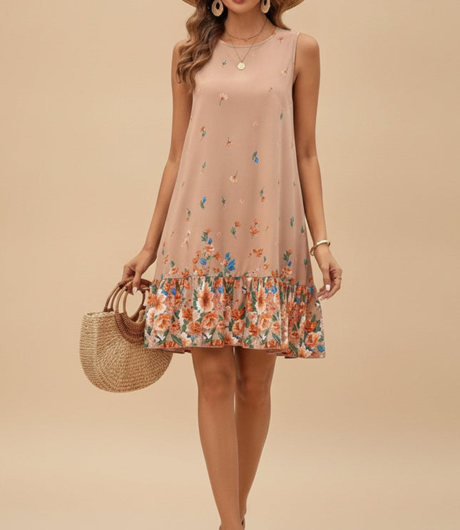 Women's Sleeveless Floral Ruffle Hem Mini Summer Dress