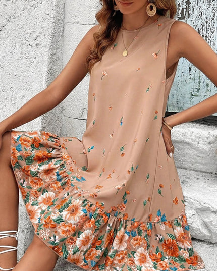 Women's Sleeveless Floral Ruffle Hem Mini Summer Dress