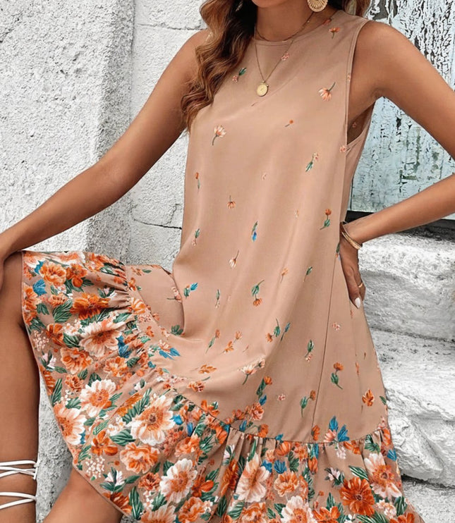 Women's Sleeveless Floral Ruffle Hem Mini Summer Dress