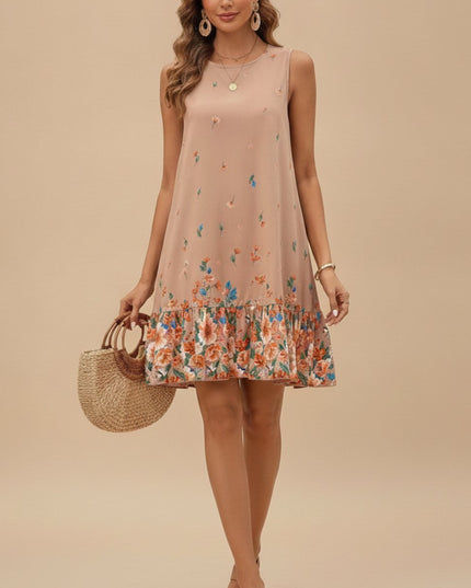 Women's Sleeveless Floral Ruffle Hem Mini Summer Dress