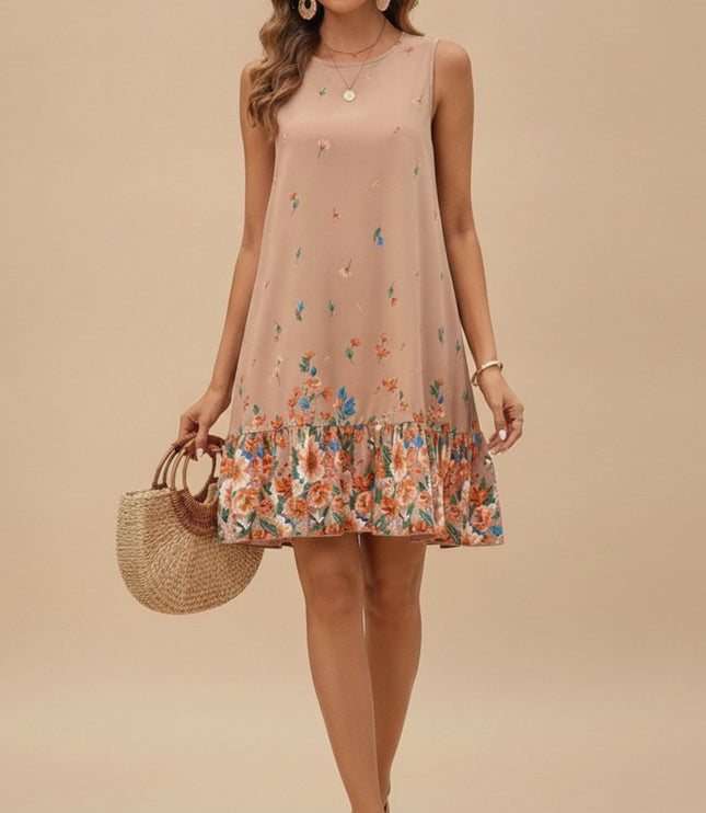 Women's Sleeveless Floral Ruffle Hem Mini Summer Dress