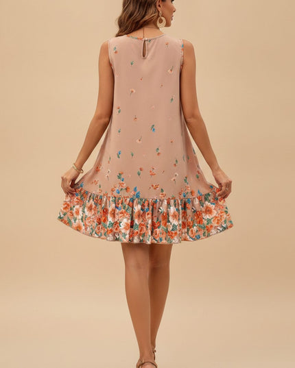 Women's Sleeveless Floral Ruffle Hem Mini Summer Dress
