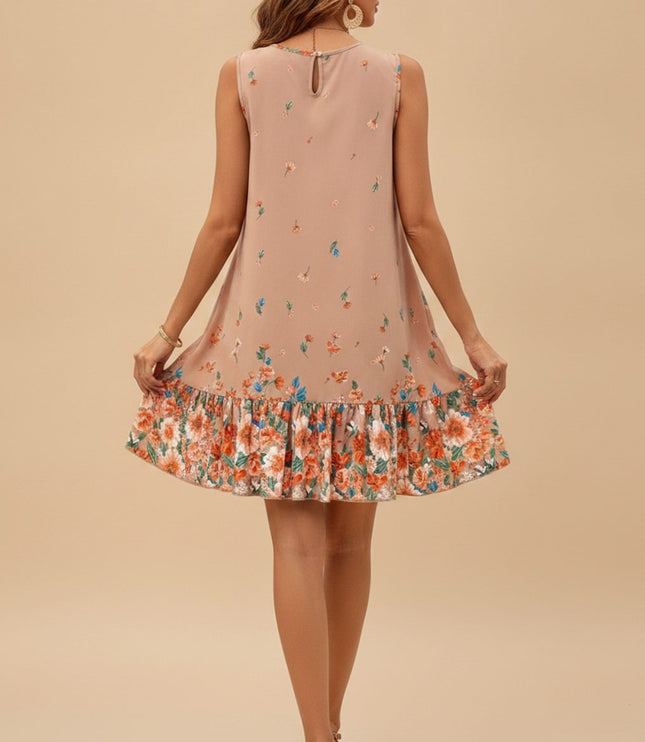 Women's Sleeveless Floral Ruffle Hem Mini Summer Dress